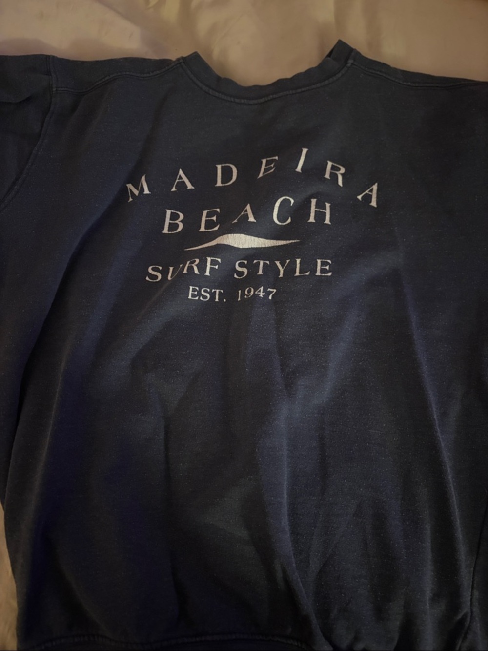 surf style Navy Crewneck Sweater with Madeira Beach Graphic